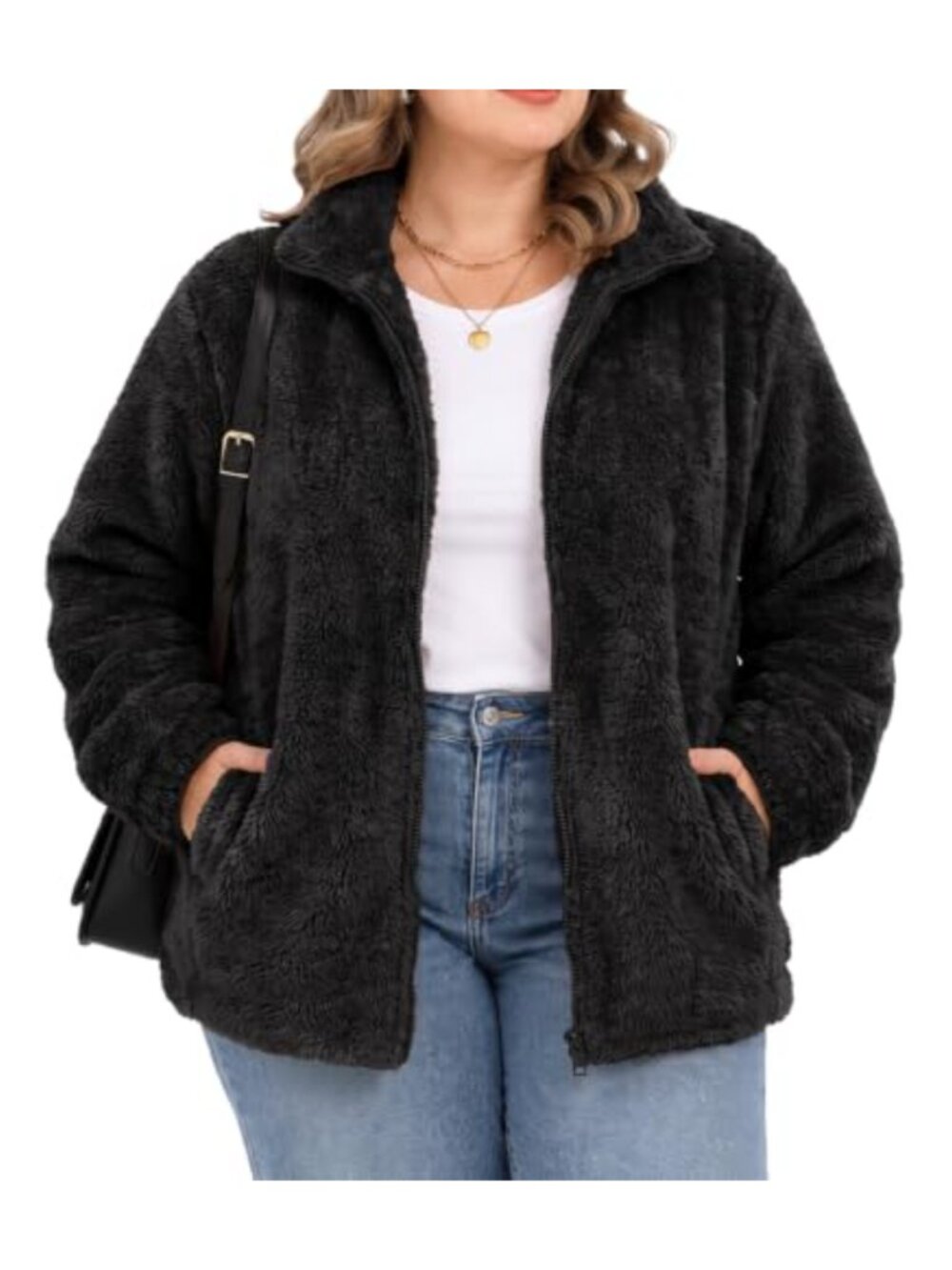 Plus Size Fleece Jacket Full Zip Fuzzy Sherpa Coat Pockets